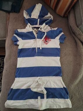 Striped Hooded Short Sleeve Dress - Blue & White